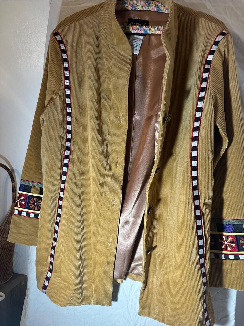 Vintage Bob Mackie Mustard Corduroy Jacket with Multicolor Geometric Trim